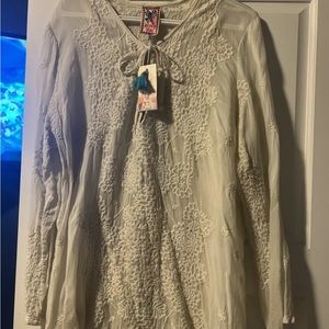 JOHNNY WAS OYSTER EGGSHELL CREAM IVORY embroidered stars popover tunic blouse L
